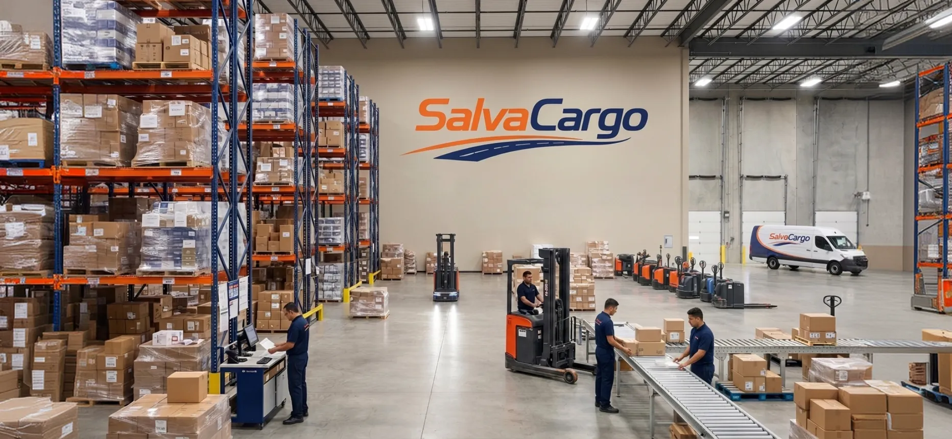 Galpão logístico com estantes de mercadorias e a marca SalvaCargo