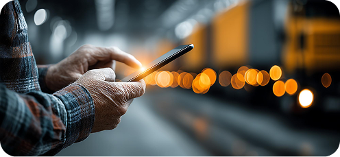Profissional da operação segurando um celular em um centro de distribuição